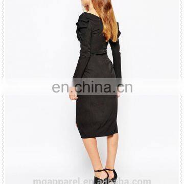 Fashion Women Cheap Sexy Long Sleeve V-neckline Frill Shoulder Pencil Skirt Midi Dress photo-3