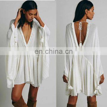 High Quality Raw Hem Cotton Gauze Dress Fashion High Low Tunic Dress photo-2