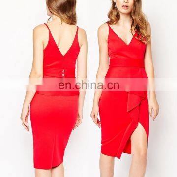 2016 Wholesale Front Split High Nipped Waist Sexy Spaghetti Strap Red Cocktail Dress