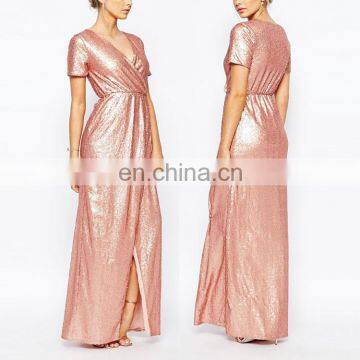 2016 Wholesale Latest Formal Dress Patterns Cross Front Plunge Neck Sequin Simple Long Maxi Dress