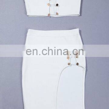 Hot Sell Clothing Women Black White Sexy High Split Two Pieces Set Bandage Midi Club Dress photo-4