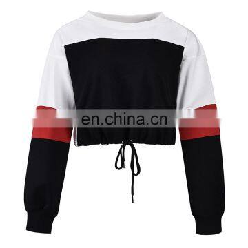 OEM Custom logo vendor with long sleeve pullover women stripe panels crew neck sweatshirt crop top