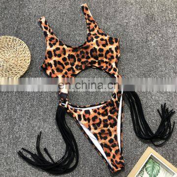 2019 Summer Leopard Beach Sexy Cutout Steel Ring Fringe One-piece Bikini With Chest 5colors photo-3