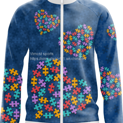 2022 Blue Custom Sublimation Jacket of Heart Shape Pattern with White Zipper
