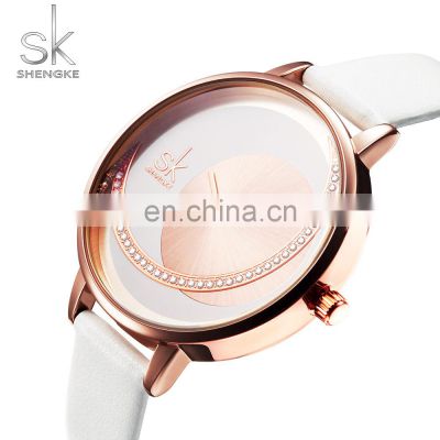 SHENGKE Young Female Wristwatch Rose Gold Alloy Case Quartz Watches White PU Leather Band Hand Watch K0088L