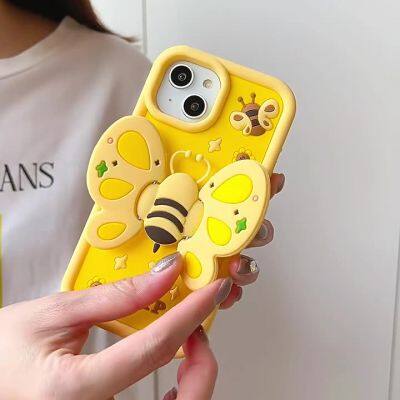 Cartoon Creative Bee Stand Phone Case for Phone 16 15 14 13 12 X XR XS Pro Max Fall Proof Soft Silicone Shockproof Cover photo-2