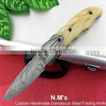 udk f211" custom handmade Damascus folding knife / pocket knife with Damascus steel bolster and Camel bone handle