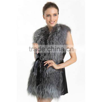 QD70701 Ladies Real Silver Fox Fur Vests Woman With Sheep Leather 2014 New Products From China