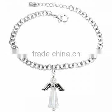 Silver Tone Winged And Genuine Aurora Borealis Crystal Angel Charm Chain Link Bracelet