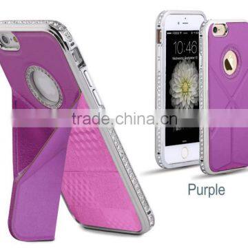 Luxury Plaid Pattern Cowhide Leather Back Cover With Kickstand Diamond Chrome Edged Bumper Hard Case for Iphone6 6plus photo-3