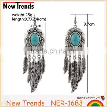 Turquoise geniune round bead metal leaf pendant earring