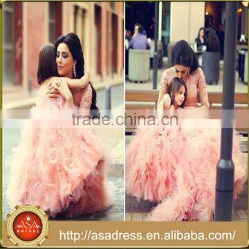 NSM-25 Pretty Pink Custom Made Party Gowns 2015 High Quality Tired Ruffles Mother and Daughter Dress Clothing Sets