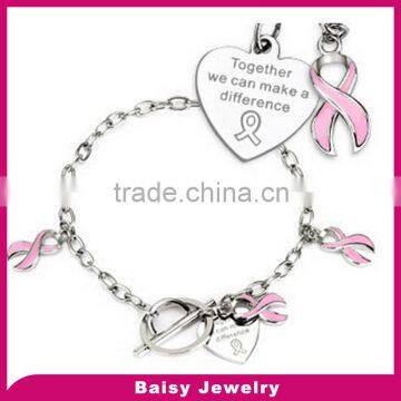 High quality custom Pink Enamel Filled Stainless Steel breast cancer awareness bracelets