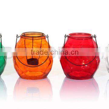 Diamond Shape Colored Iron Chain Glass Candle Holder