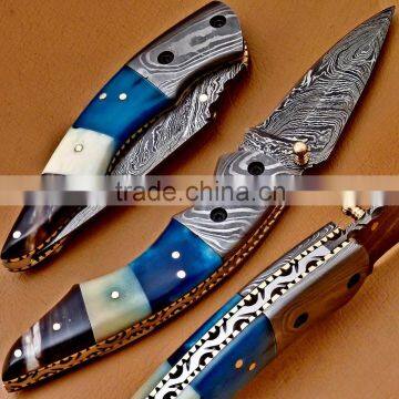 A SCENIC HANDLE, DAMASCUS STEEL HANDMADE POCKET KNIFE