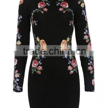 2016 Autumn New Arrival 3D Floral Print Stand Collar Bodycon Dresses Black Long Sleeve Midi Dresses OXL141117 photo-6
