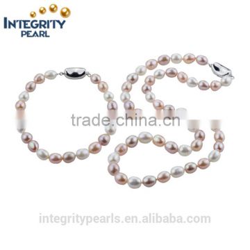 7mm AAA great quality rice shaped 925 silver mixed color natural colorful pearl set