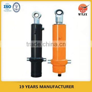 telescopic hydraulic cylinder with intermediate trunnion and threaded rod end