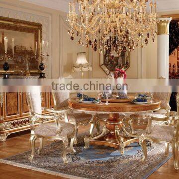 Luxury Vitoria Style Gold Leaf Dining Room Furniture, Baroque Palace Style Marquetry Round Dinning Table With Chairs