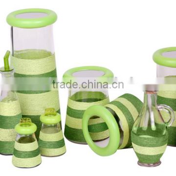 new designed decorative glass storage jar set with green straw