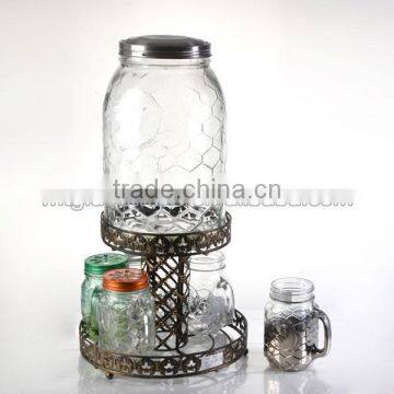 Rooster Shaped Glass Dispenser With Metal Stand With Six Mason Jar Sets photo-2