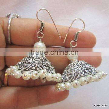 Silver tone jhumka pearl bollywood dangler EARRINGS