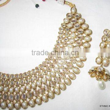 Crystal Pearl Bollywood Necklace Jhumka EARRING Bridal Set photo-2