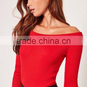 MGOO High Quality Long Sleeves Bardot Bodysuits Slash Neck Cold Shoulder Tops Women Tops Rib photo-4