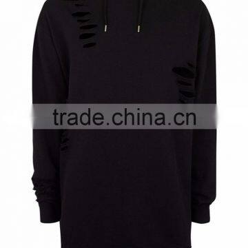 Plain Black Extreme Ripped Oversized Longline Distressed Hoodie Split Side Drawstrings Blank Sweatshirt Men photo-2