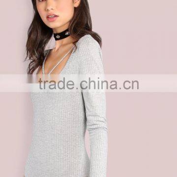Gray Sleeved Rib Knit Bar Bust Bodysuit 95% Rayon 5% Spandex Sexy Scoop Neck With Criss Sweater