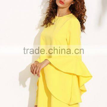 Yellow Crew Neck Ruffle Sleeve Shift Dress 100% Polyester Long Sleeve Casual Short Dress photo-3