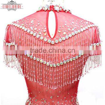 OEM Long Floor-length Beaded and Feather Red Sheath/Column Wedding Dress photo-5