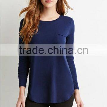 100% Cotton Long Sleeves t Shirt Women Curved-hem Pocket t Shirts Wholesale photo-5