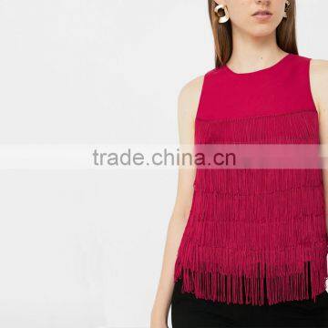 Red Sleeveless Blouses With Tassels 2018 Womens Fringed Tops photo-2