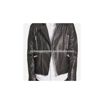 Mens Black Leather Collarless Biker Jacket