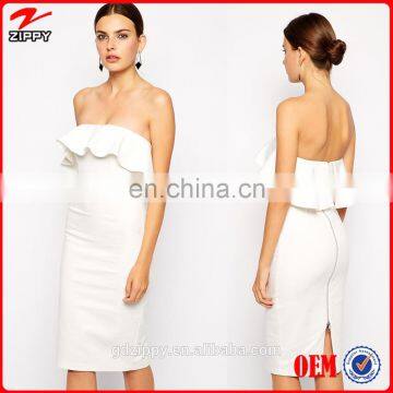 2014 New White Strapless Bardot Bandeau Ladies Bodycon Dress With Frill