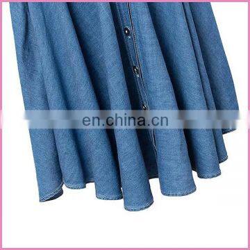 Soft Thin Denim Fabric Long Pleated Skirt Elastic Waist Band and Middle Buttons Lady Jeans Skirt photo-4