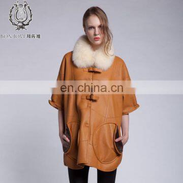 Winter Fur And Leather Overcoat Fox Fur Collar Sheepskin Fur Coat Cream Collar Lamb Fur Jacket