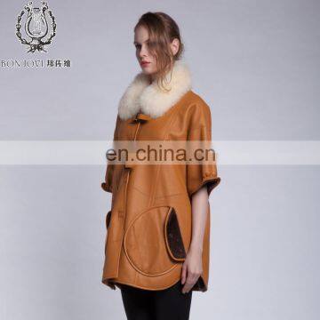 Winter Fur And Leather Overcoat Fox Fur Collar Sheepskin Fur Coat Cream Collar Lamb Fur Jacket photo-5
