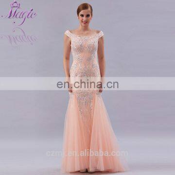 2017 New Arrival Design Hotsale Elegant Boat Neck Sequin Beaded Blush Prpm Dress