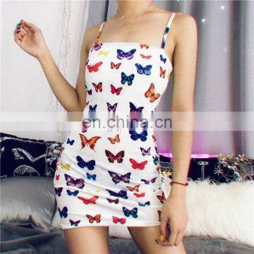 2020 Summer Bodycon Backless Ladies Party High Street Butterfly Print Spaghetti Strap Sheath Dress Women Mini Dress