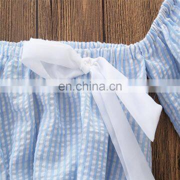 Kids Off-shoulder Outfits Girls Short Sleeve Blue Tops + Long Pant 2pcs Set Summer Costume photo-5