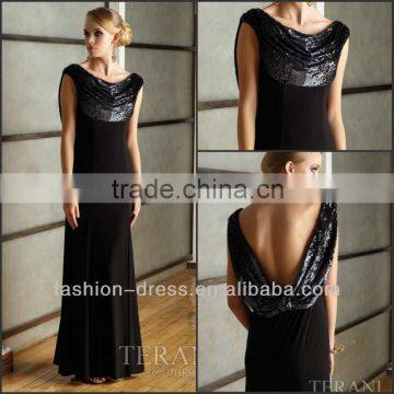 Elegant Cap Sleeves Low V-Back Black Chiffon Sequins Evening Dress Formal Dress