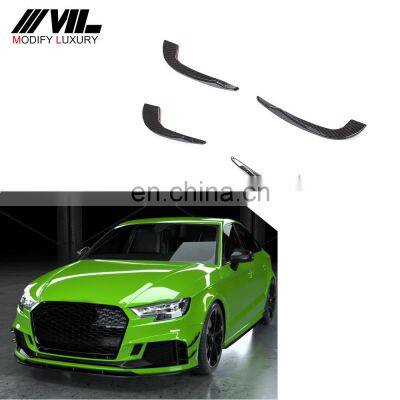 Modify Luxury A3 8V Carbon Fiber Front Bumper Air Canards for Audi RS3 Sedan 4-Door 2017-2019