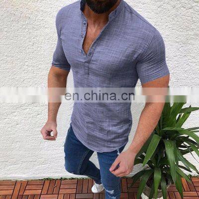 New Summer Men Fashion Cotton Linen Button-down Shirt Short Sleeve Mandarin Collar Solid Color Casual Tops photo-4