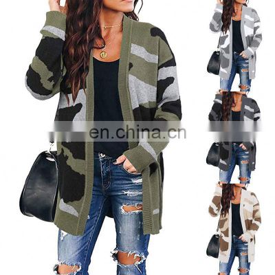 wholesale custom camouflage Contrast Striped long Knit Sweater Women Long Sleeve oversize Jacket Sweater Cardigan Women plus