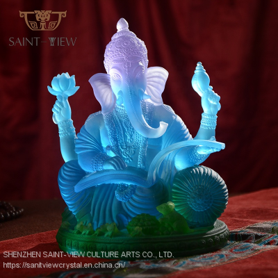 Luxury Pate de Verre Handmade Colored Crystal Ganesha Buddha Statue