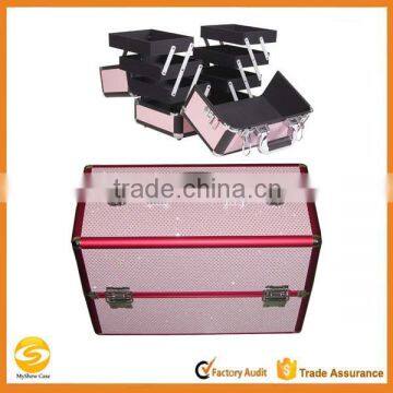 Pink Aluminum hard beauty makeup case,beauty box vanity case with crystal,