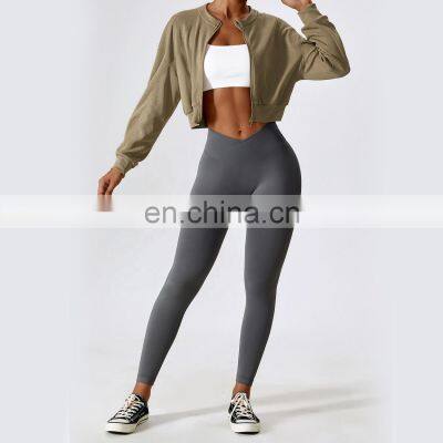 Women Warm Crop Tops Hoodies Custom Logo Double Sliders Zip Up Sleeve Sports Jackets 95polyester 5spandex photo-5