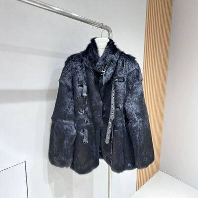 Stand up collar leather buckle full leather rabbit fur fur integrated fur coat for women, medium to long, Korean version, fashionable and versatile